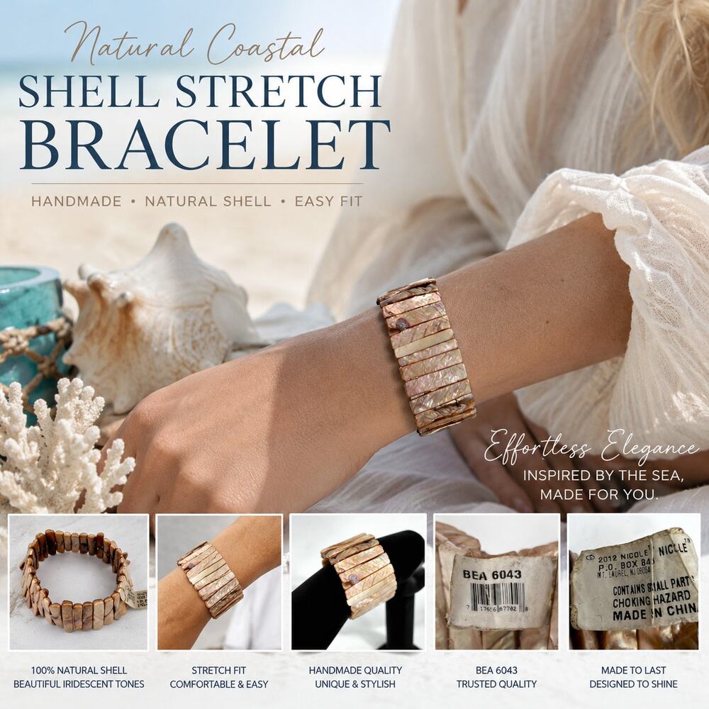 NWT Vintage Mother of Pearl Shell Stretch Bracelet Coastal Boho Wide Cuff